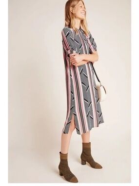 Anthropologie Vertical Stripe Midi Dress in Black, White & Pink